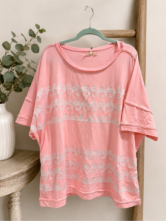 Blue Velvet Tops - NWT Blue Velvet Pink Short-Sleeve Top w Wave Motif Sz XL